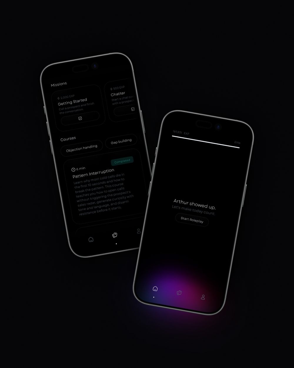 Two iPhones showing Salesy course modules and an AI practice call