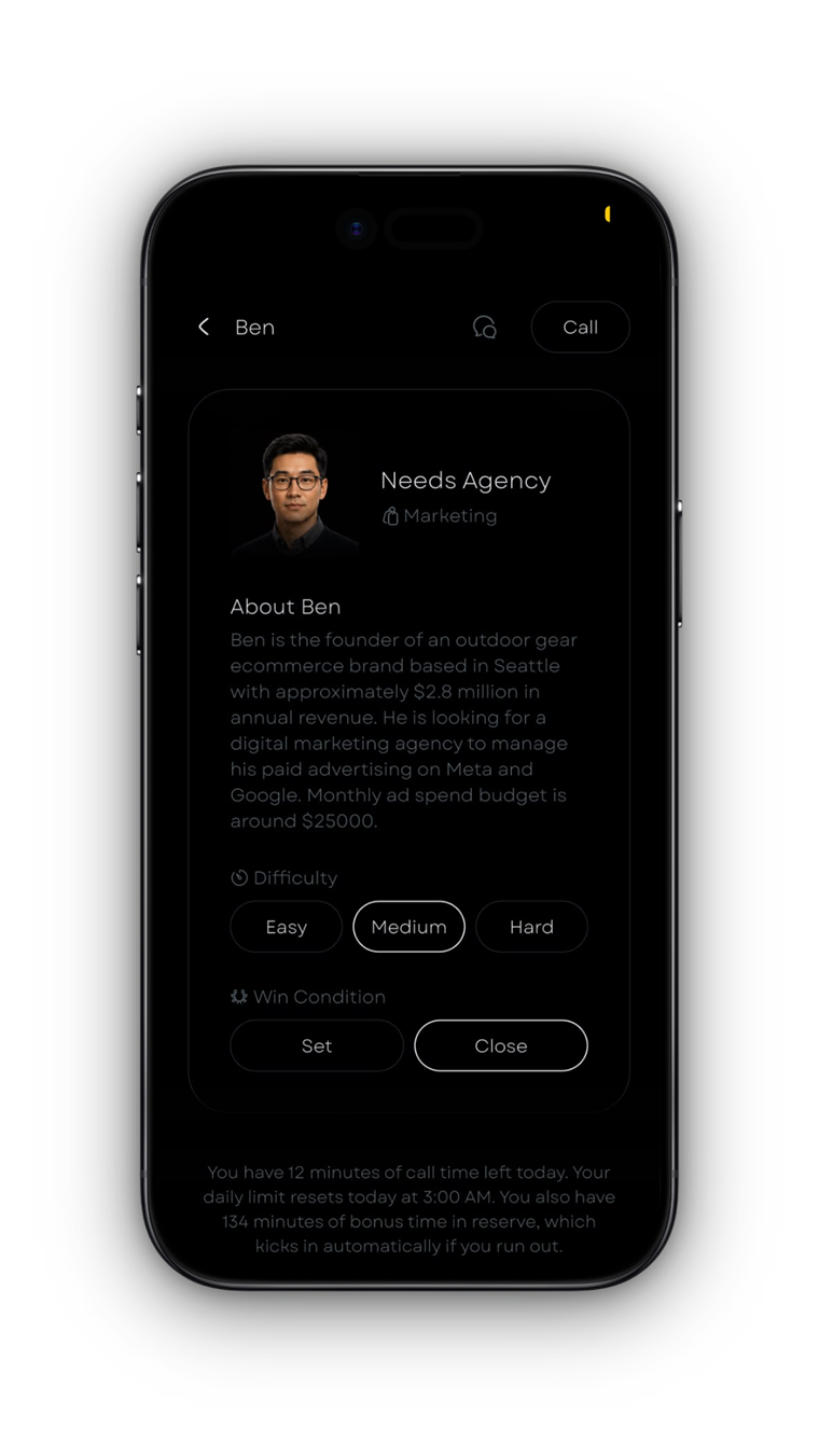 Salesy prospect profile: Ben, a founder who needs a marketing agency, with an adjustable difficulty setting